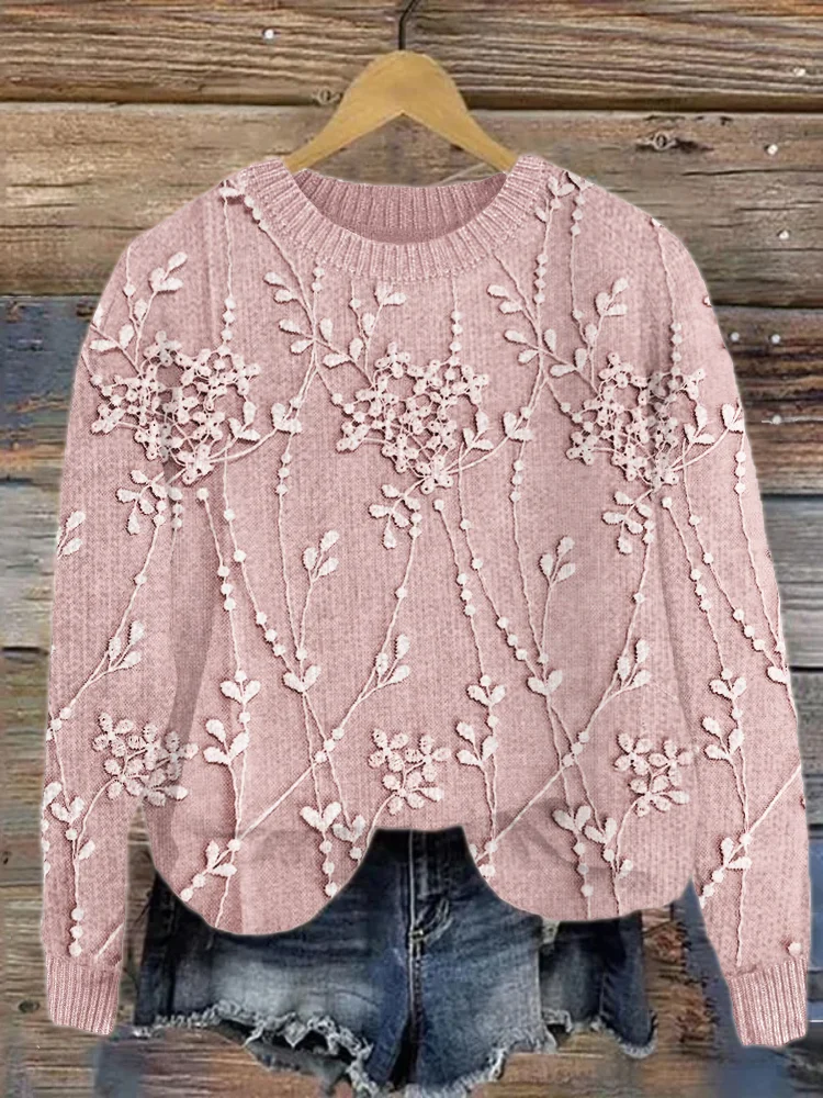 Damen Geblümt Print Frühling/Herbst Lässig Langarm Rundhals Strickpullover