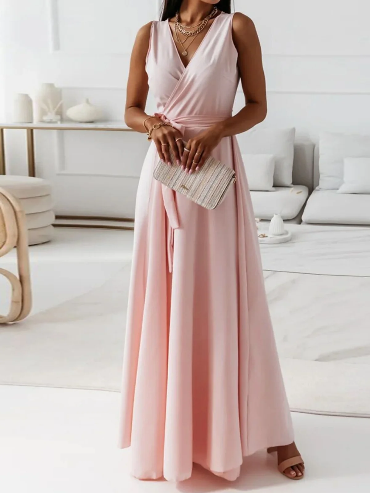 Damen Unifarben Ärmellos Sommer Nahtverarbeitung Kleid V-Ausschnitt Täglich Retro Maxikleid Tanktop A-Linien-Kleid