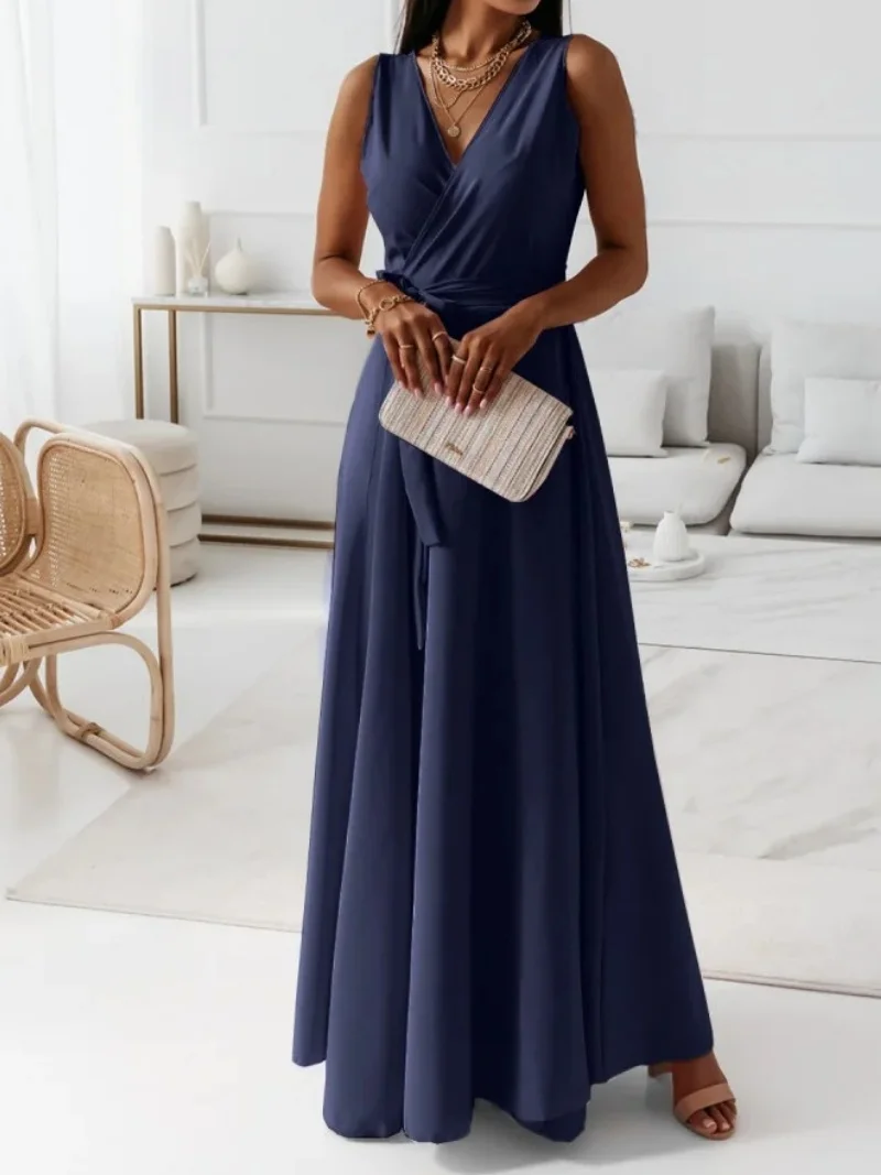 Damen Unifarben Ärmellos Sommer Nahtverarbeitung Kleid V-Ausschnitt Täglich Retro Maxikleid Tanktop A-Linien-Kleid