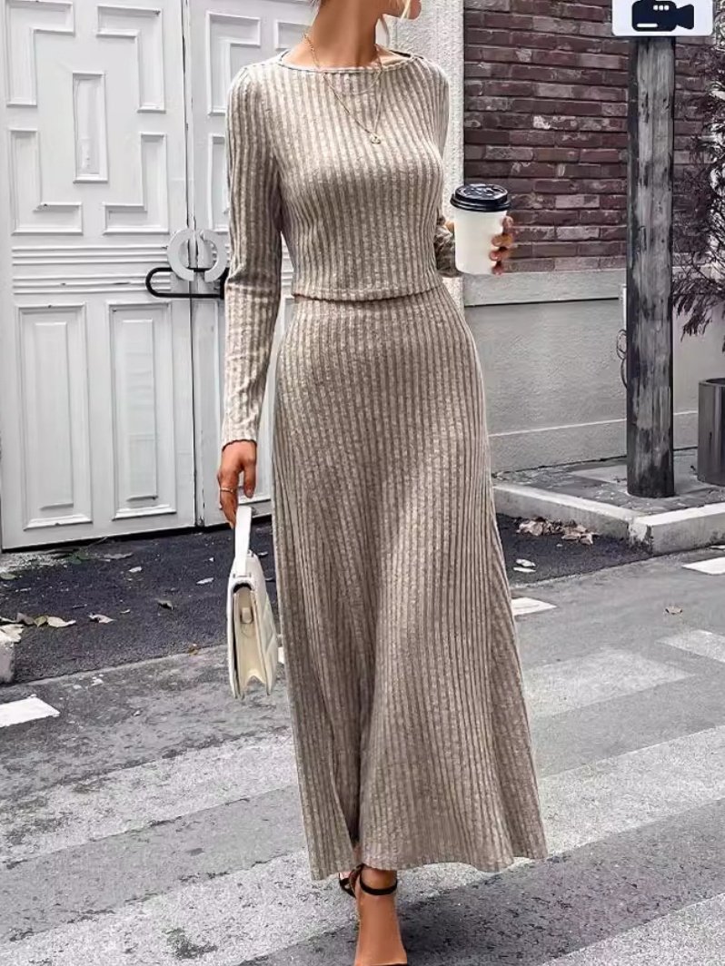 Damen Unifarben Nahtverarbeitung Zweiteiliges Set Täglich Langarm Lässig Frühling/Herbst Bluse mit Rock Matching Set