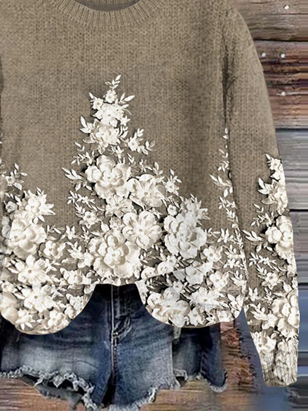 Damen Geblümt Print Frühling/Herbst Lässig Langarm Rundhals Strickpullover