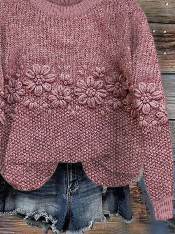 Damen Geblümt Print Frühling/Herbst Lässig Langarm Rundhals Strickpullover
