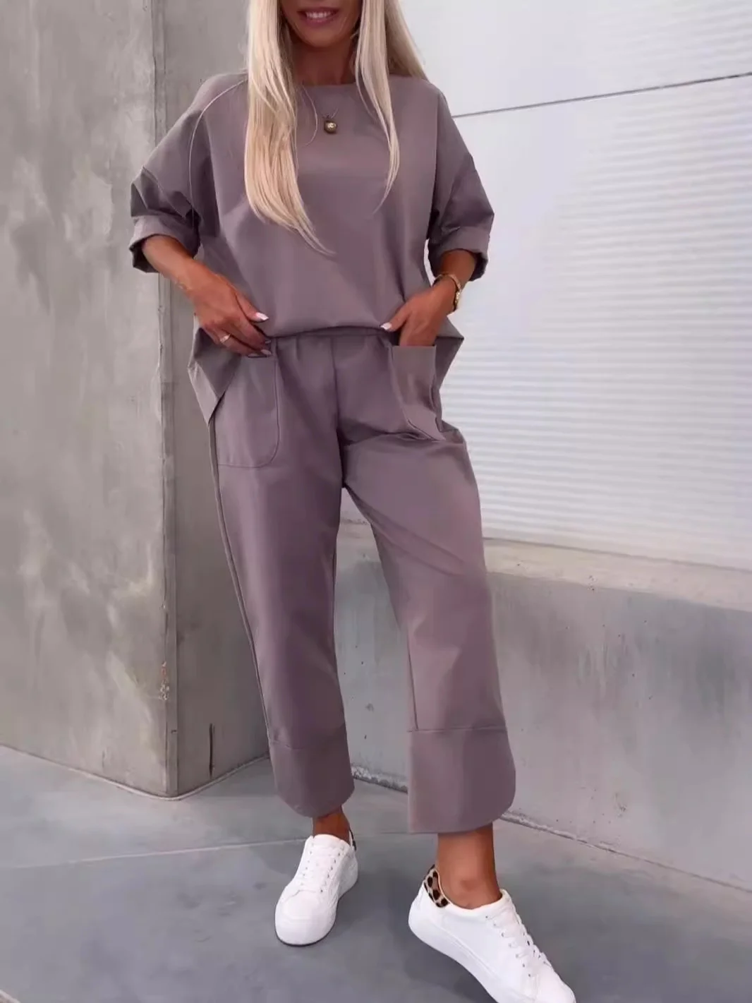 Damen Unifarben Nahtverarbeitung Zweiteiliges Set Täglich Langarm Lässig Frühling/Herbst Bluse mit Hose Matching Set
