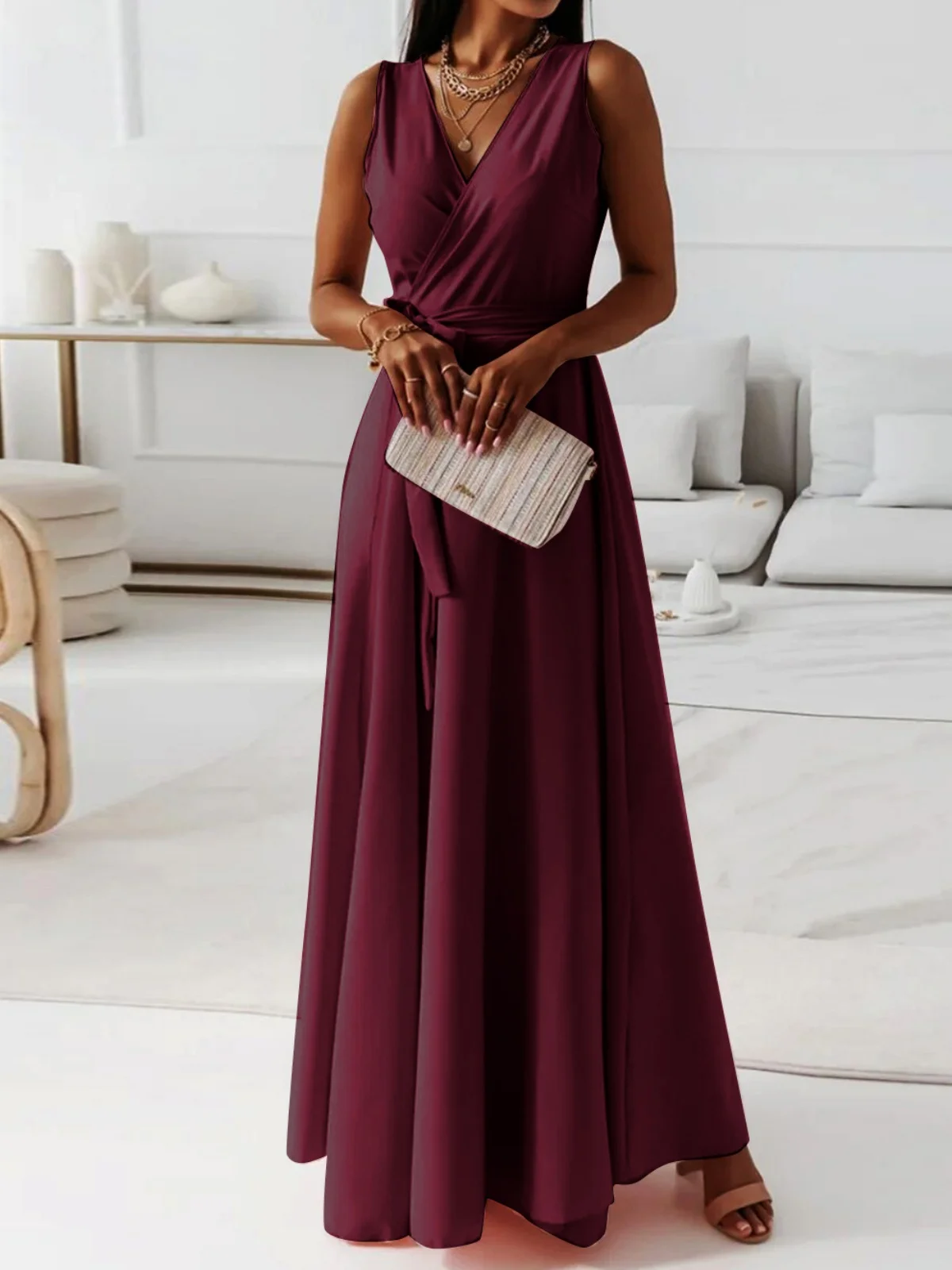Damen Unifarben Ärmellos Sommer Nahtverarbeitung Kleid V-Ausschnitt Täglich Retro Maxikleid Tanktop A-Linien-Kleid