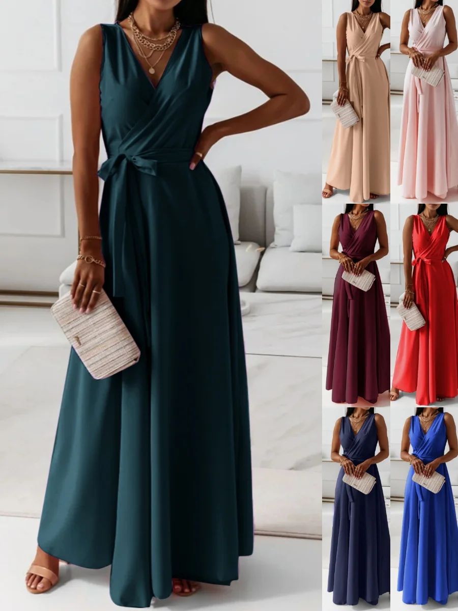 Damen Unifarben Ärmellos Sommer Nahtverarbeitung Kleid V-Ausschnitt Täglich Retro Maxikleid Tanktop A-Linien-Kleid