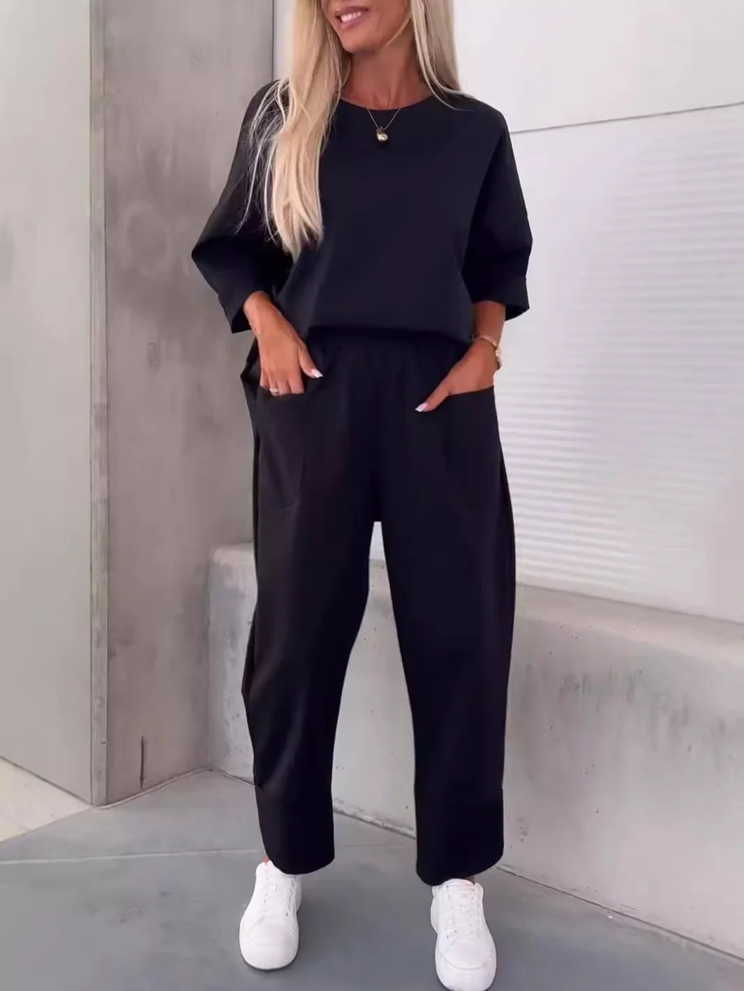 Damen Unifarben Nahtverarbeitung Zweiteiliges Set Täglich Langarm Lässig Frühling/Herbst Bluse mit Hose Matching Set