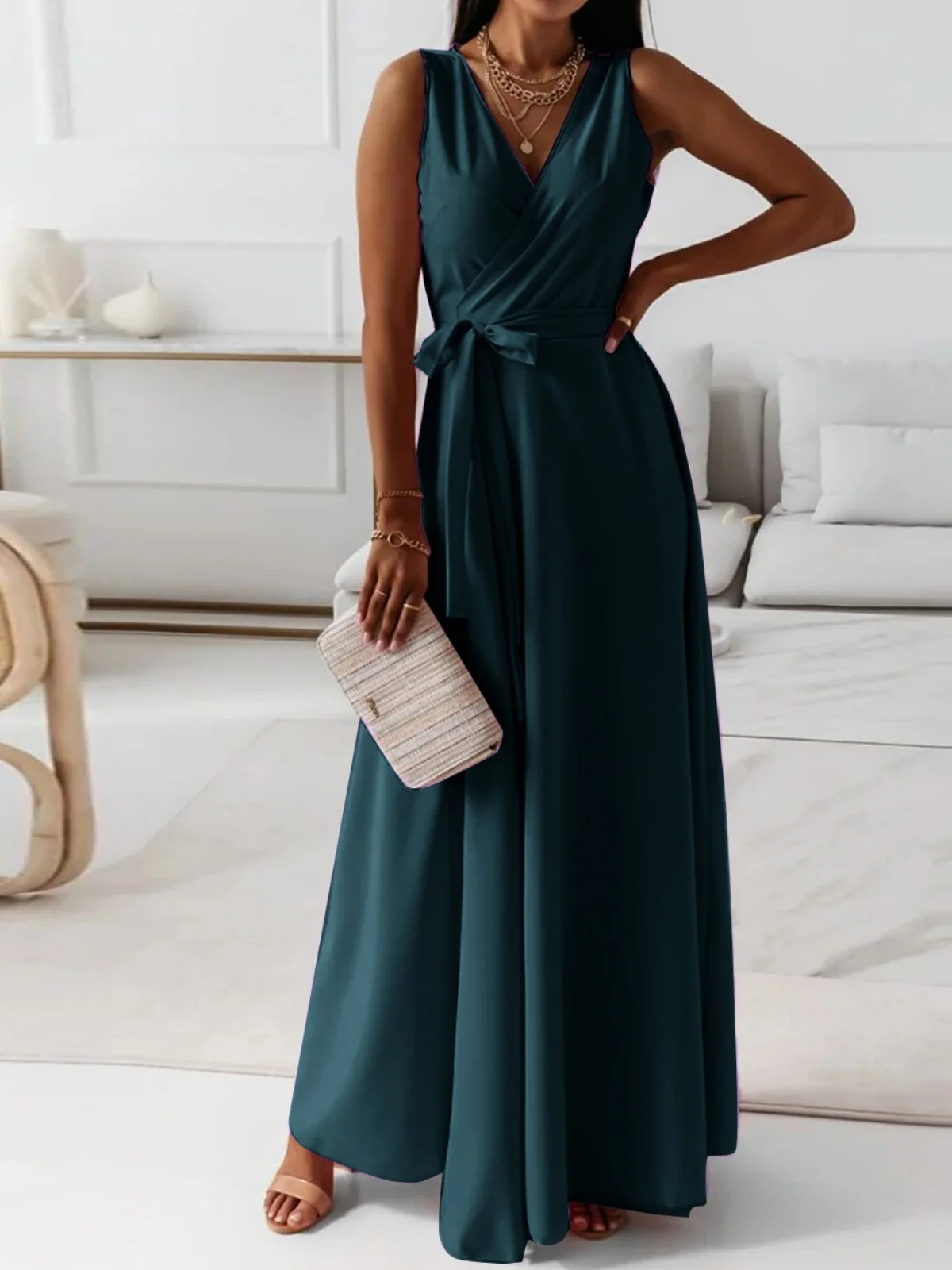 Damen Unifarben Ärmellos Sommer Nahtverarbeitung Kleid V-Ausschnitt Täglich Retro Maxikleid Tanktop A-Linien-Kleid