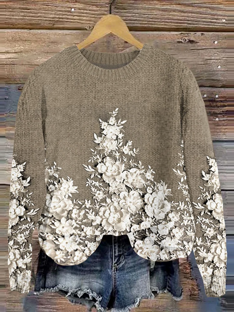 Damen Geblümt Print Frühling/Herbst Lässig Langarm Rundhals Strickpullover