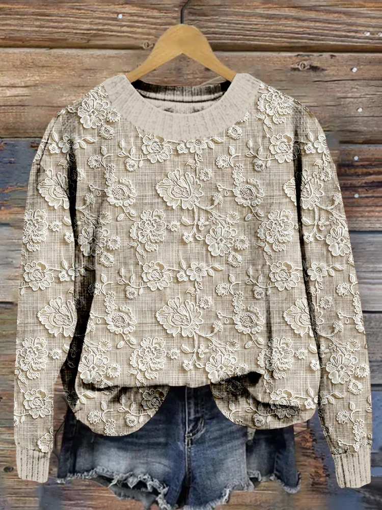Damen Geblümt Print Frühling/Herbst Lässig Langarm Rundhals Strickpullover