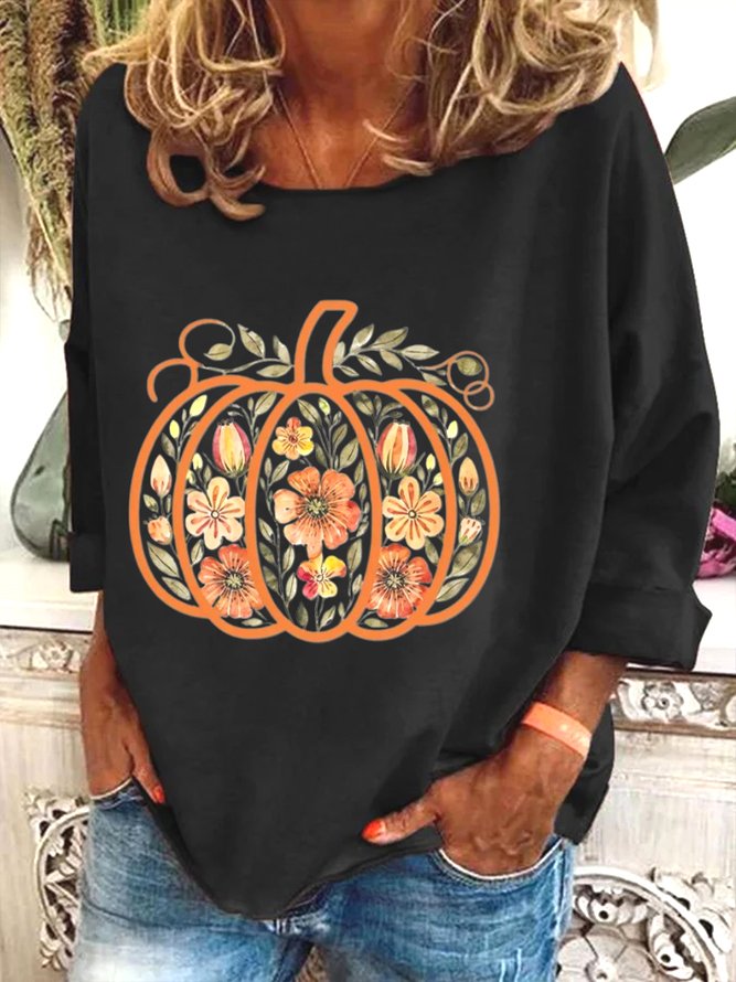 Damen Geblümt Langarm T-Shirts T-Shirt Rundhals Print Lässig Frühling/Herbst T-Shirt mit Grafik Oberteile