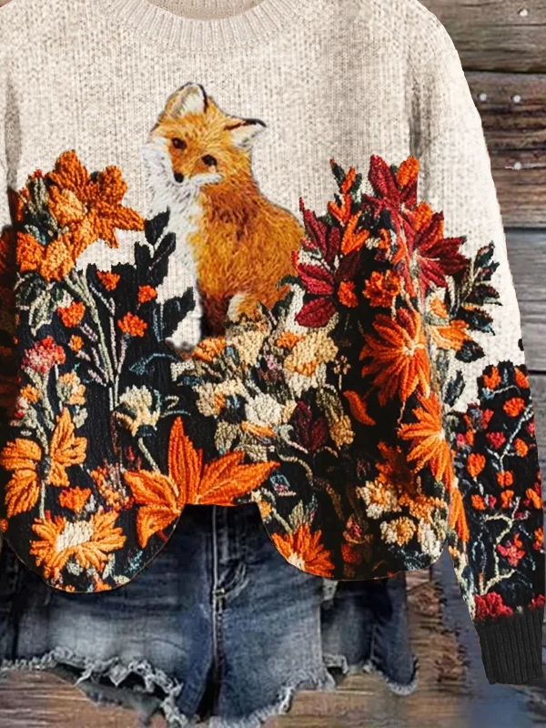 Damen Geblümt Print Frühling/Herbst Lässig Langarm Rundhals Strickpullover