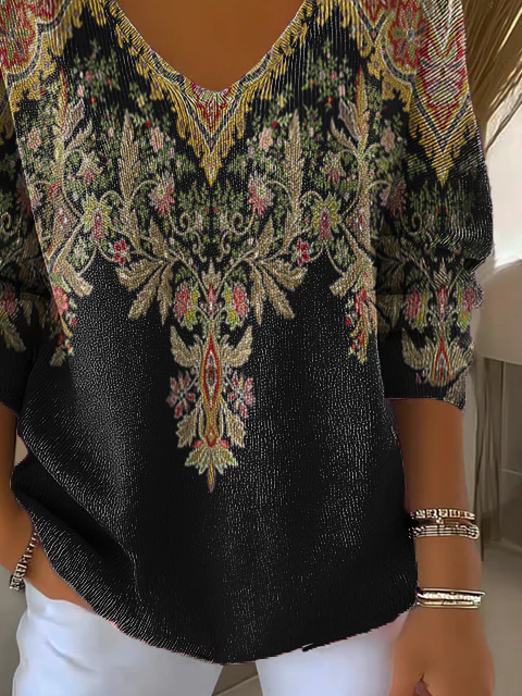 Damen Geblümt Langarm T-Shirts T-Shirt V-Ausschnitt Print Lässig Frühling/Herbst Oberteile