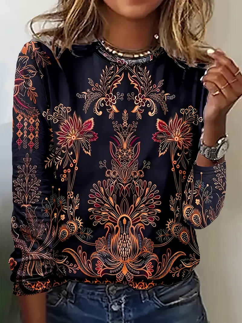 Damen Geblümt Langarm T-Shirts T-Shirt Rundhals Print Lässig Frühling/Herbst T-Shirt mit Grafik Oberteile