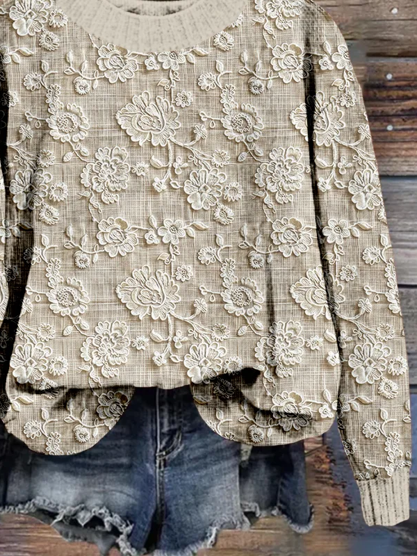 Damen Geblümt Print Frühling/Herbst Lässig Langarm Rundhals Strickpullover