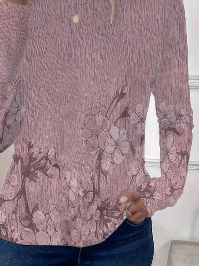 Damen Geblümt Langarm T-Shirts T-Shirt Rundhals Print Lässig Frühling/Herbst T-Shirt mit Grafik Oberteile