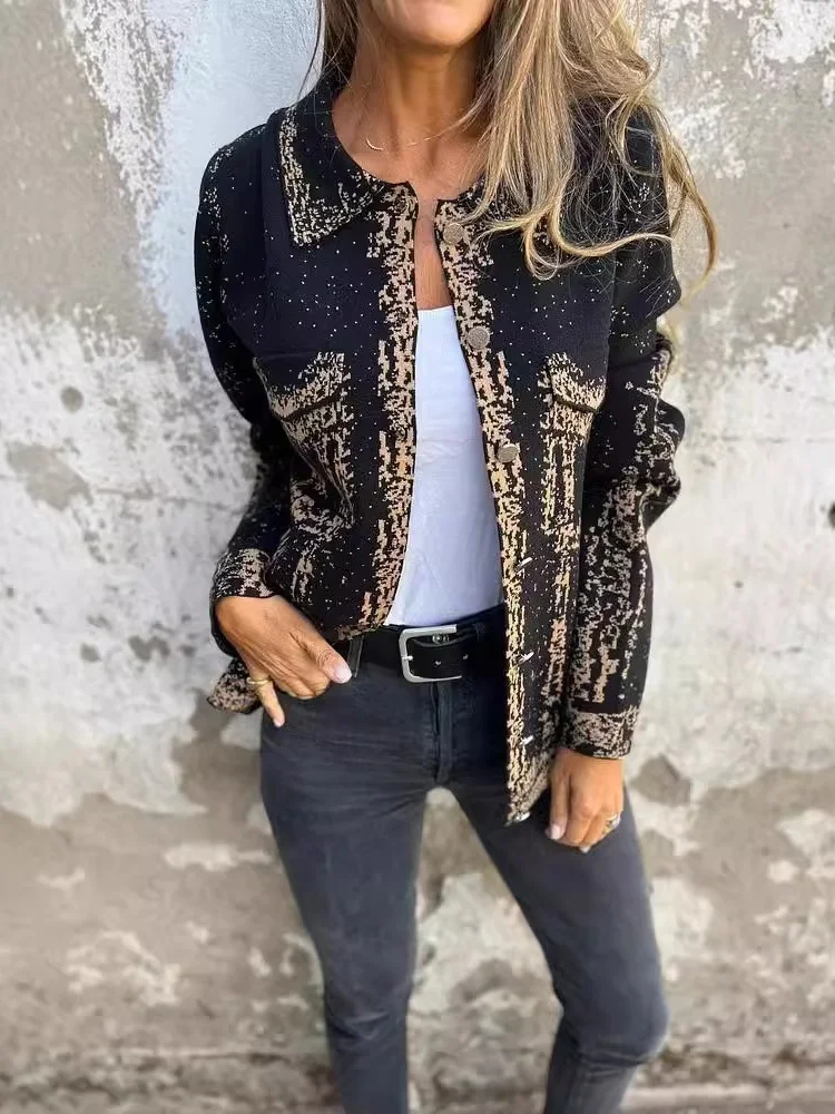 Damen Frühling/Herbst Oberbekleidung Retro Print Abstrakt Langarm Schalkragen Jacke