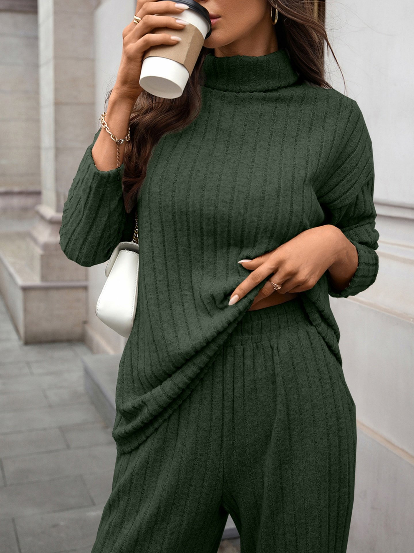 Damen Unifarben Nahtverarbeitung Zweiteiliges Set Täglich Langarm Lässig Frühling/Herbst Bluse mit Hose Matching Set