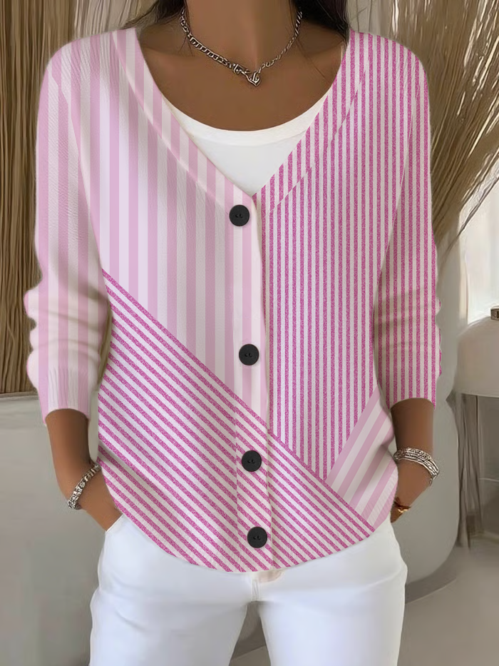 Damen Gestreift Langarm V-Ausschnitt Lässig Frühling/Herbst Strickjacke Oberbekleidung