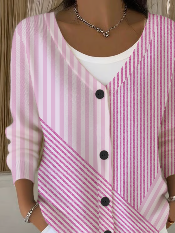 Damen Gestreift Langarm V-Ausschnitt Lässig Frühling/Herbst Strickjacke Oberbekleidung