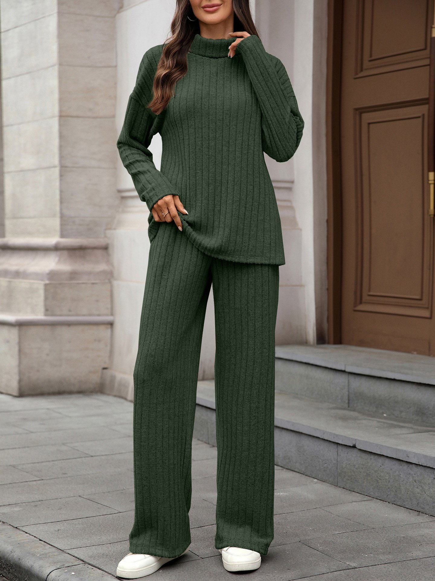 Damen Unifarben Nahtverarbeitung Zweiteiliges Set Täglich Langarm Lässig Frühling/Herbst Bluse mit Hose Matching Set