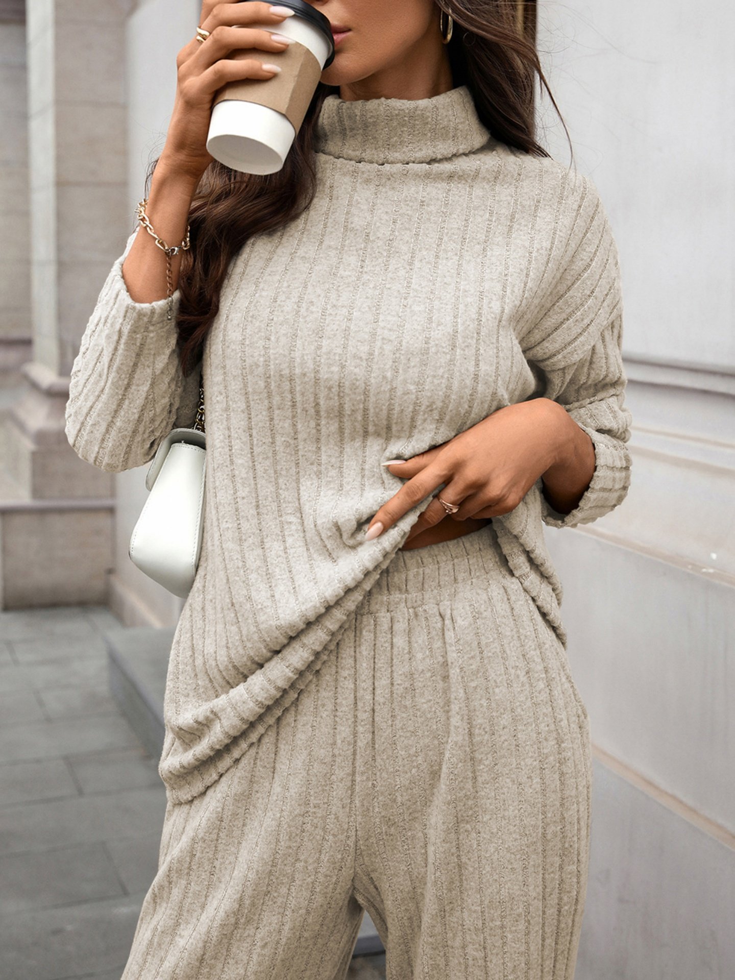 Damen Unifarben Nahtverarbeitung Zweiteiliges Set Täglich Langarm Lässig Frühling/Herbst Bluse mit Hose Matching Set