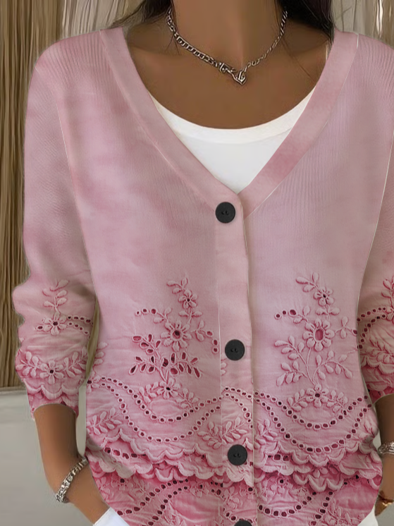 Damen Geblümt Langarm V-Ausschnitt Lässig Frühling/Herbst Strickjacke Oberbekleidung