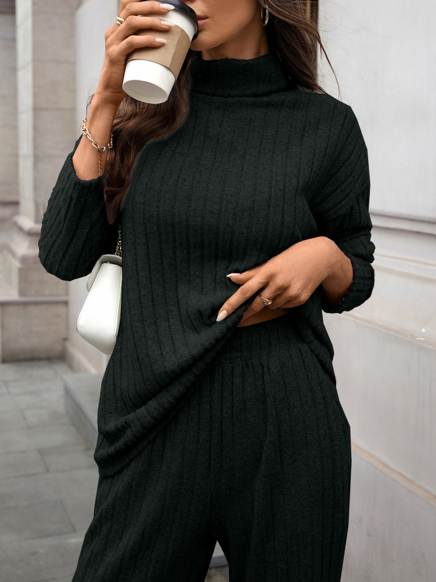 Damen Unifarben Nahtverarbeitung Zweiteiliges Set Täglich Langarm Lässig Frühling/Herbst Bluse mit Hose Matching Set