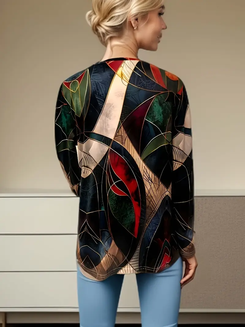 Damen Abstrakt Langarm T-Shirts T-Shirt Rundhals Print Lässig Frühling/Herbst T-Shirt mit Grafik Oberteile