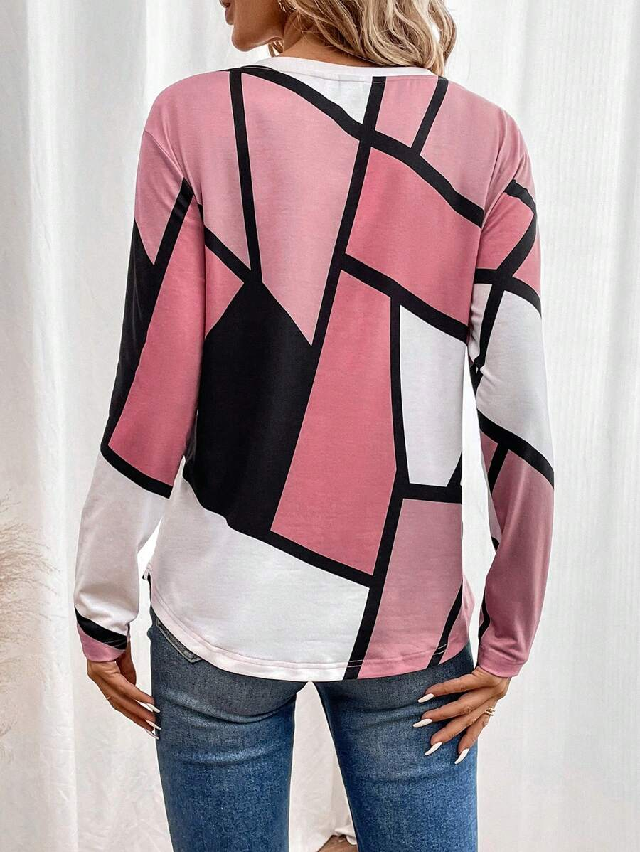Damen Abstrakt Langarm T-Shirts T-Shirt Rundhals Print Lässig Frühling/Herbst T-Shirt mit Grafik Oberteile