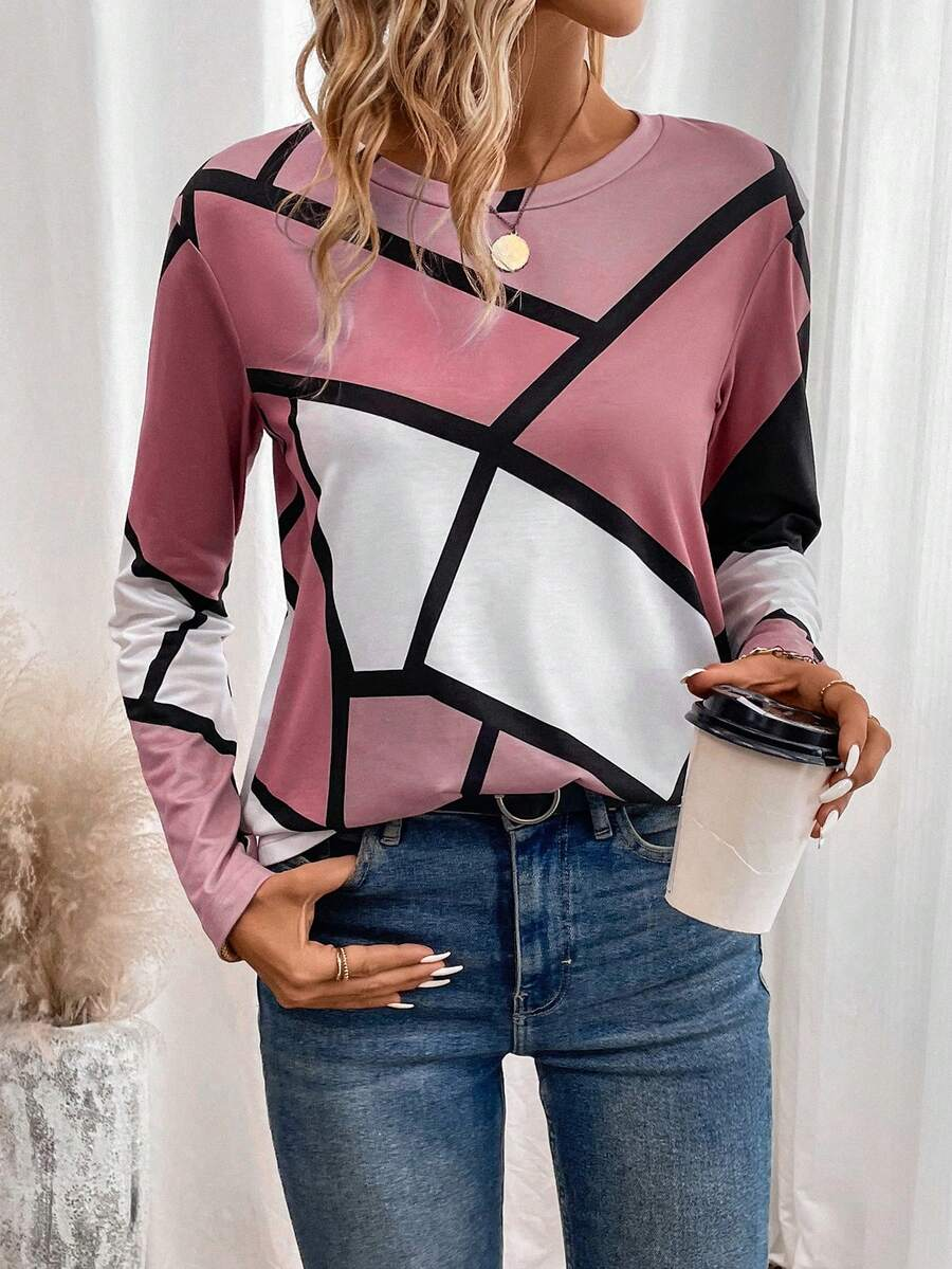 Damen Abstrakt Langarm T-Shirts T-Shirt Rundhals Print Lässig Frühling/Herbst T-Shirt mit Grafik Oberteile