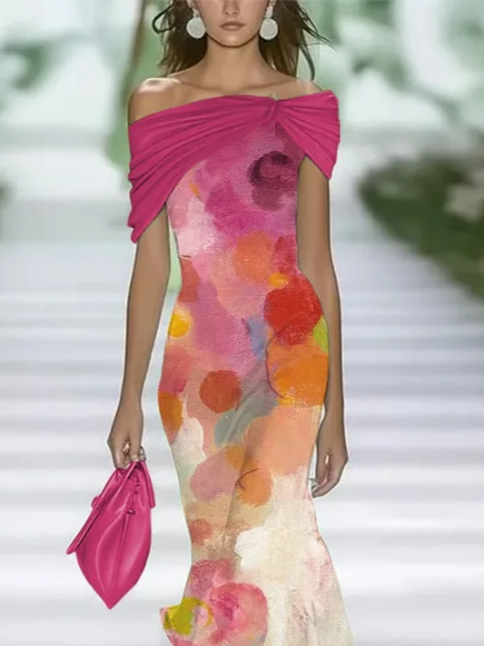 Damen Abstrakt Flügelärmel Sommer Print Kleid Schulterfrei Täglich Retro Maxikleid H-Linie Kleid