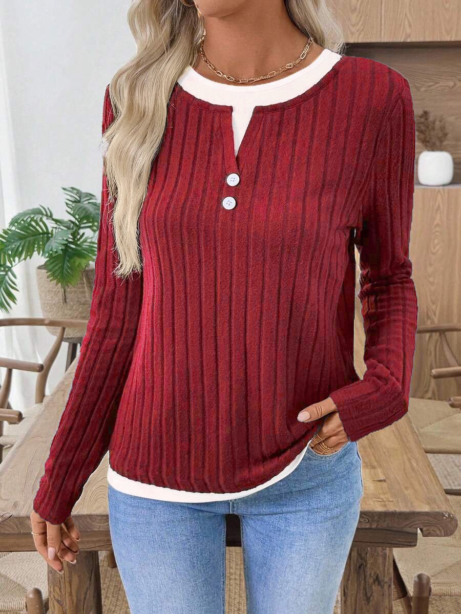 Damen Unifarben Langarm T-Shirts T-Shirt V-Ausschnitt Lässig Frühling/Herbst Oberteile