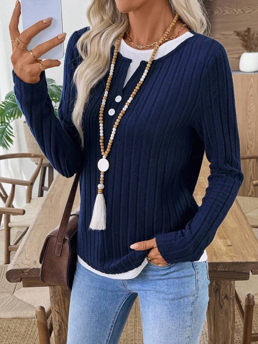 Damen Unifarben Langarm T-Shirts T-Shirt V-Ausschnitt Lässig Frühling/Herbst Oberteile