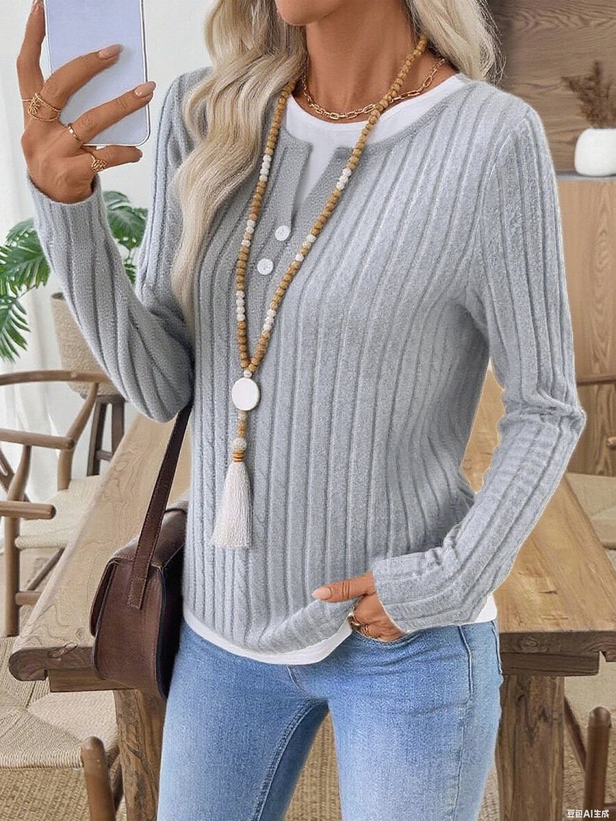 Damen Unifarben Langarm T-Shirts T-Shirt V-Ausschnitt Lässig Frühling/Herbst Oberteile
