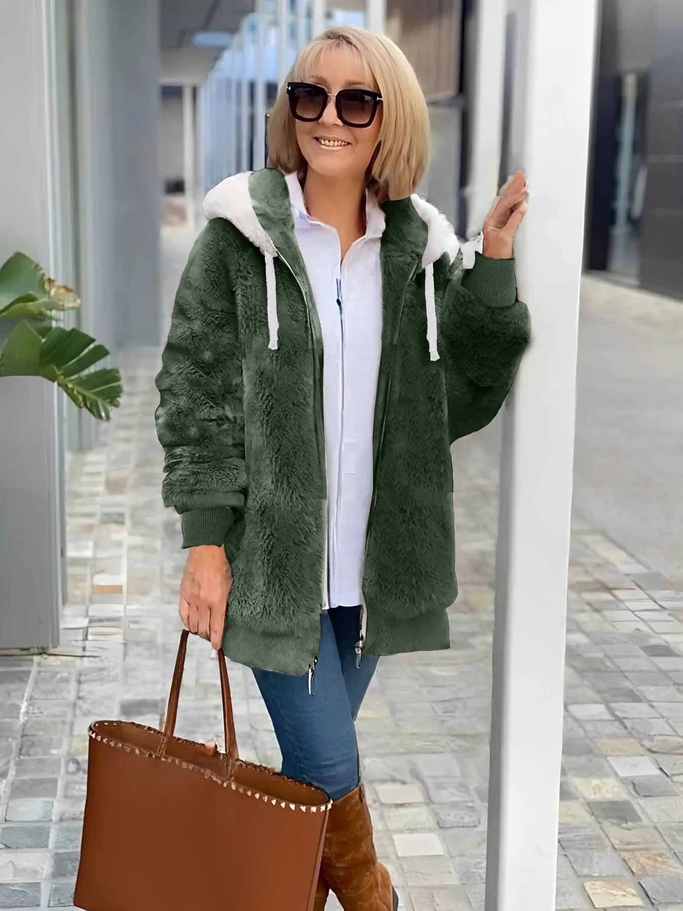 Damen Winter Oberbekleidung Retro Unifarben Langarm Fleecemantel mit Schalkragen