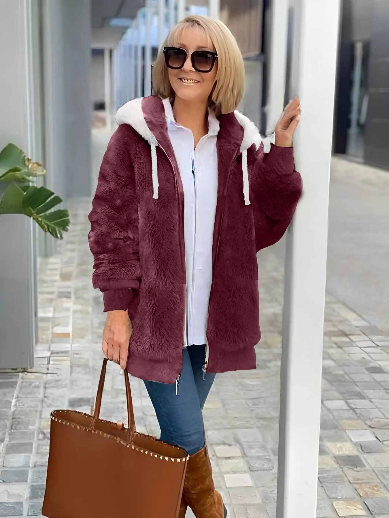 Damen Winter Oberbekleidung Retro Unifarben Langarm Fleecemantel mit Schalkragen