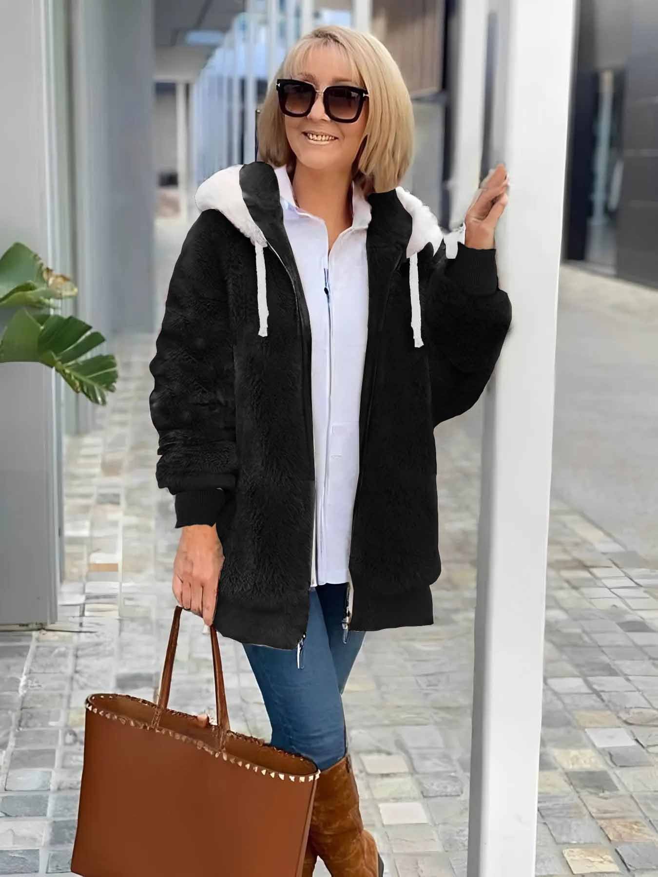 Damen Winter Oberbekleidung Retro Unifarben Langarm Fleecemantel mit Schalkragen