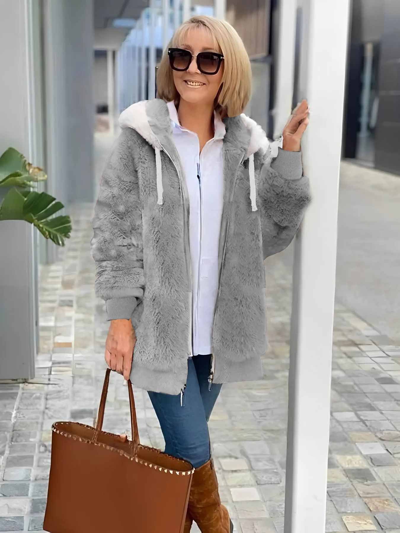 Damen Winter Oberbekleidung Retro Unifarben Langarm Fleecemantel mit Schalkragen