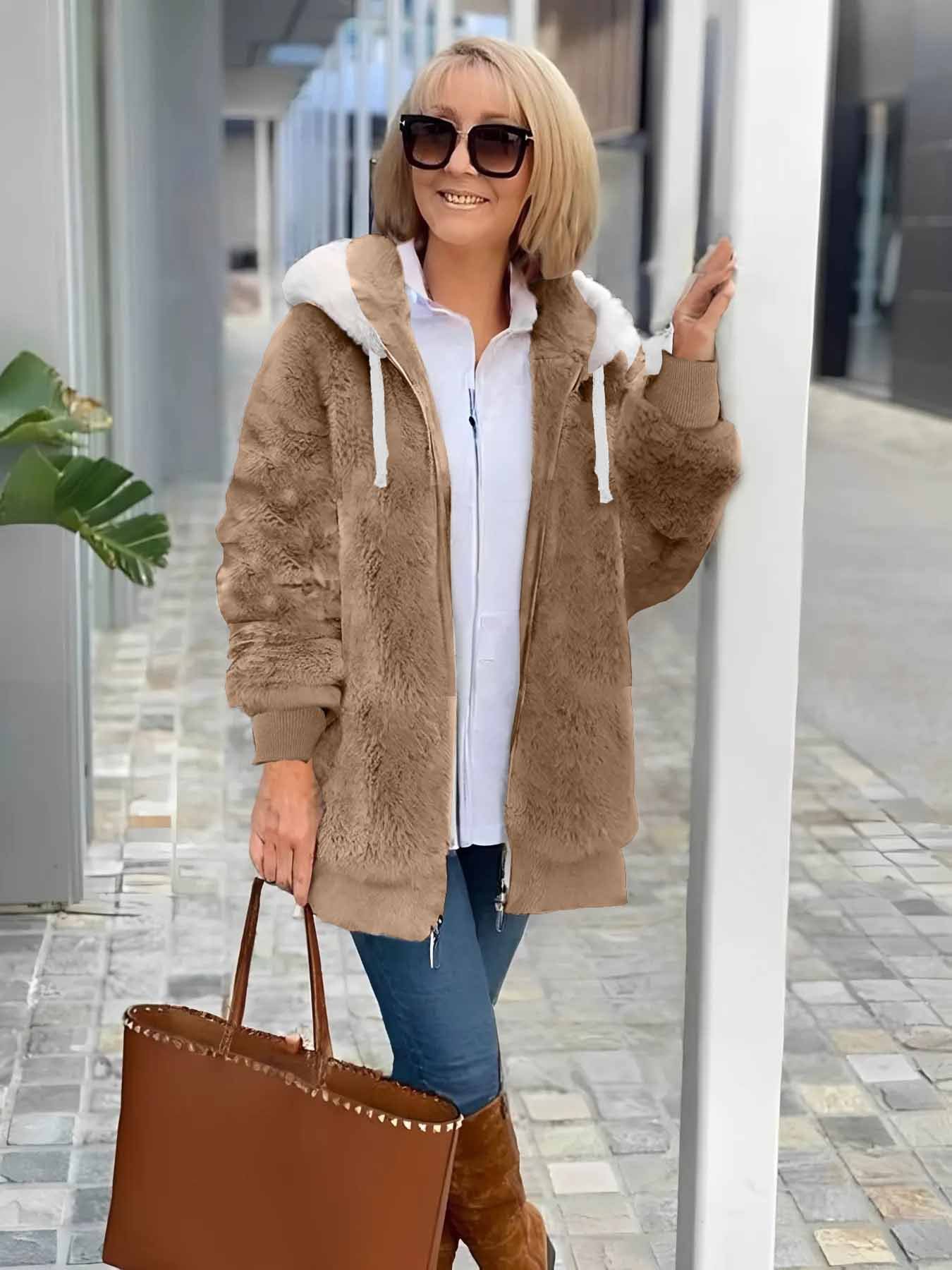 Damen Winter Oberbekleidung Retro Unifarben Langarm Fleecemantel mit Schalkragen