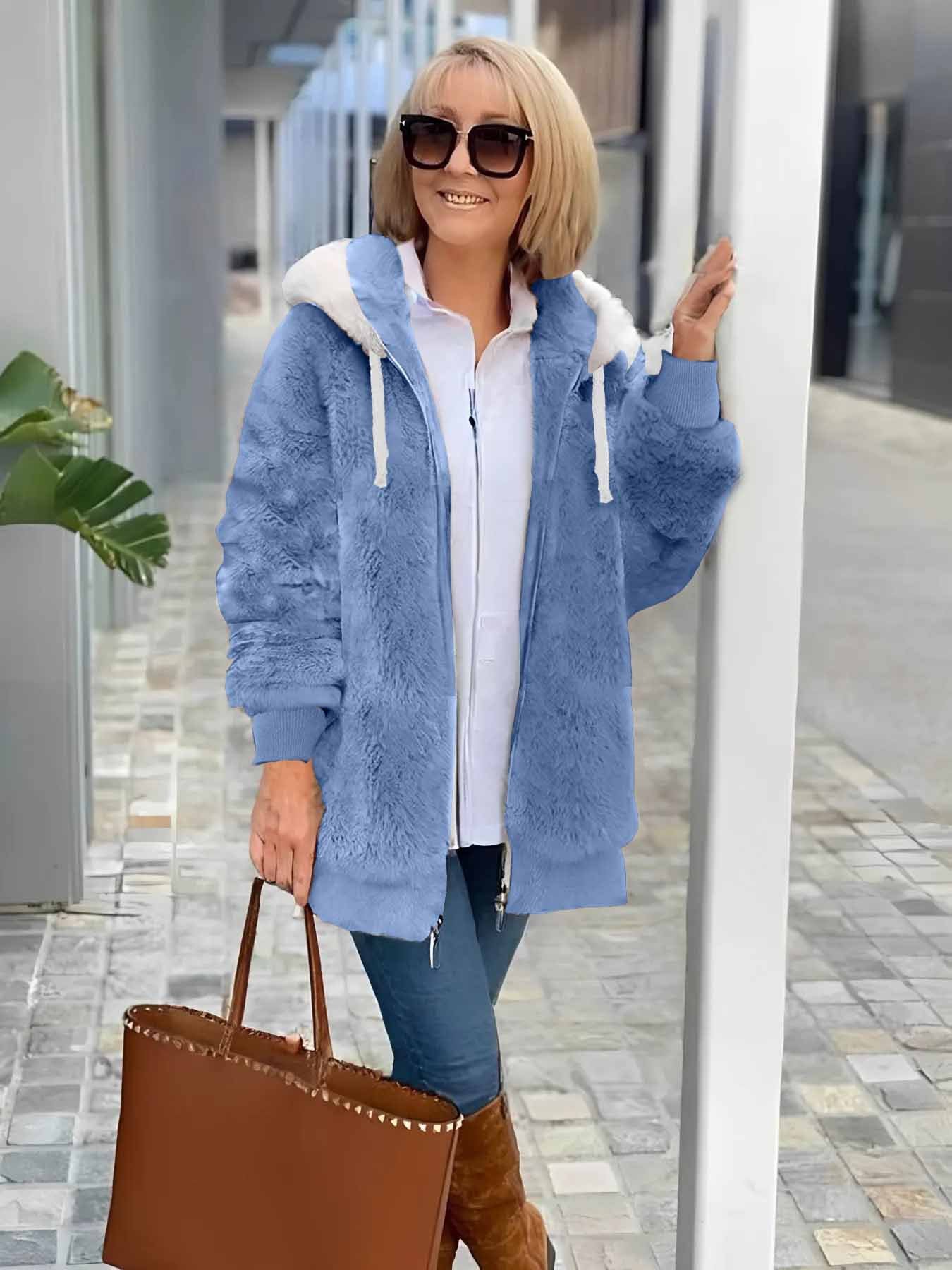 Damen Winter Oberbekleidung Retro Unifarben Langarm Fleecemantel mit Schalkragen