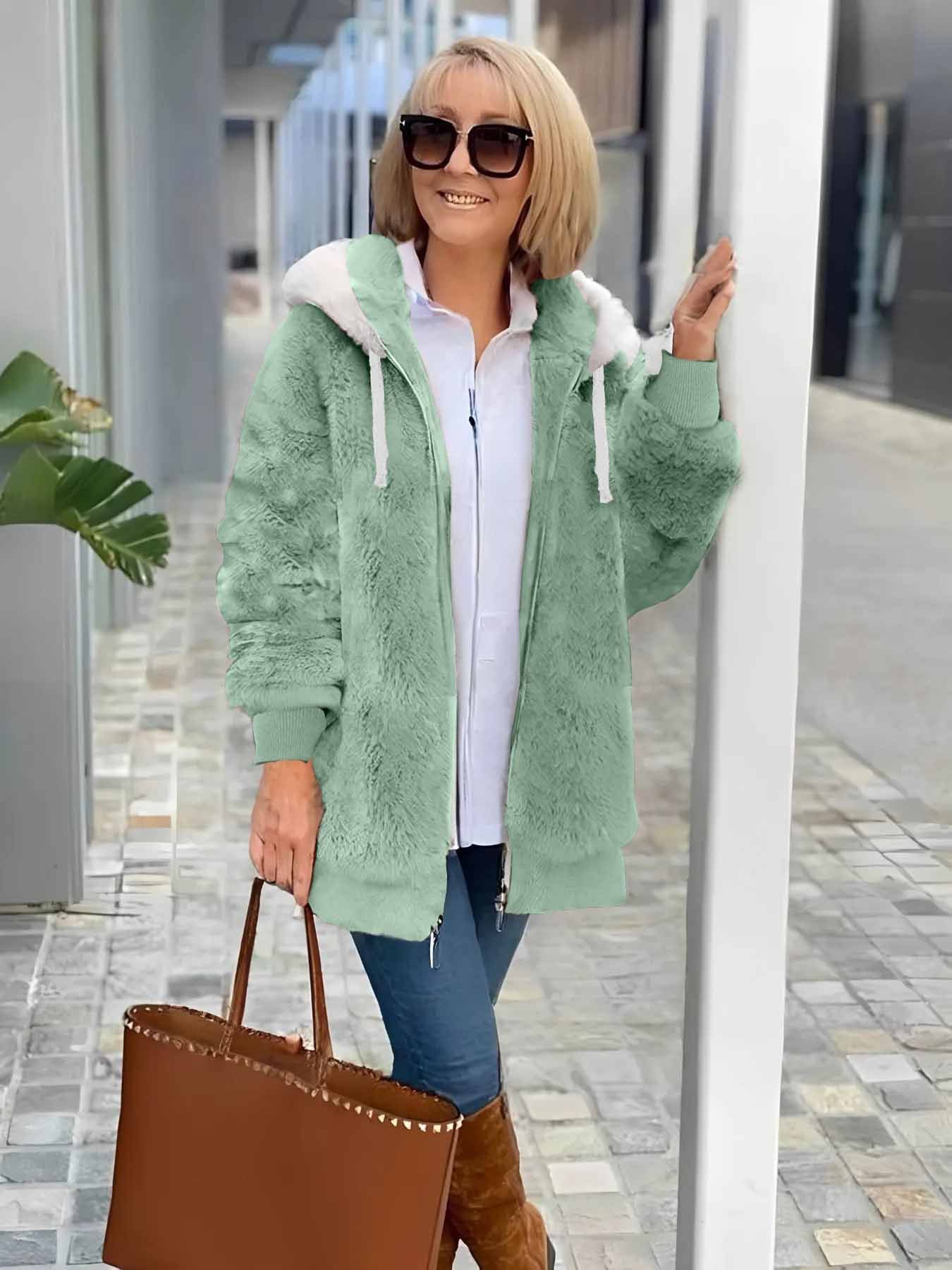 Damen Winter Oberbekleidung Retro Unifarben Langarm Fleecemantel mit Schalkragen