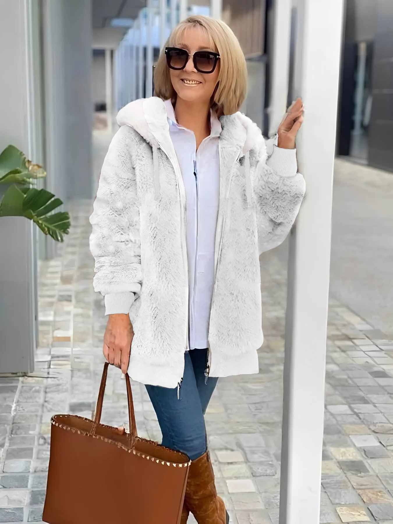 Damen Winter Oberbekleidung Retro Unifarben Langarm Fleecemantel mit Schalkragen