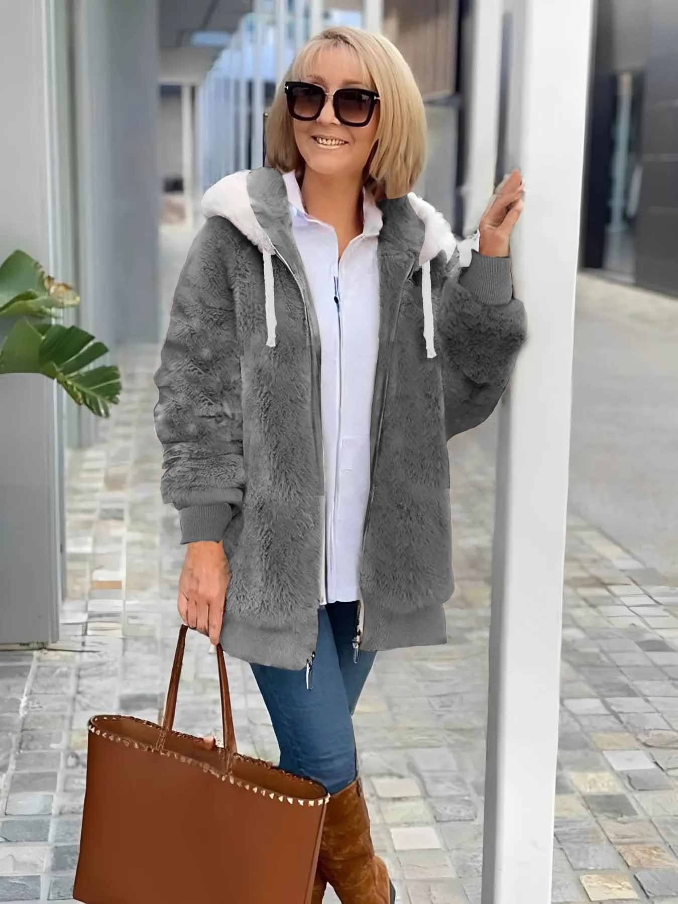 Damen Winter Oberbekleidung Retro Unifarben Langarm Fleecemantel mit Schalkragen