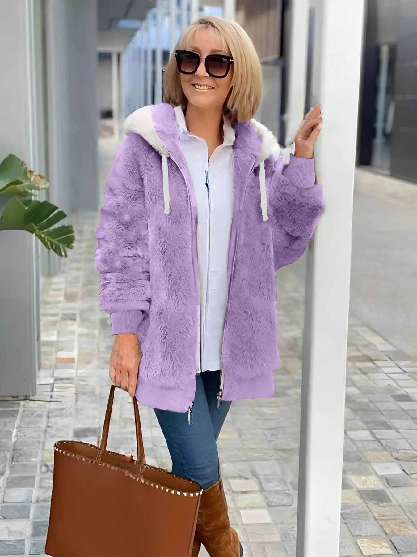 Damen Winter Oberbekleidung Retro Unifarben Langarm Fleecemantel mit Schalkragen