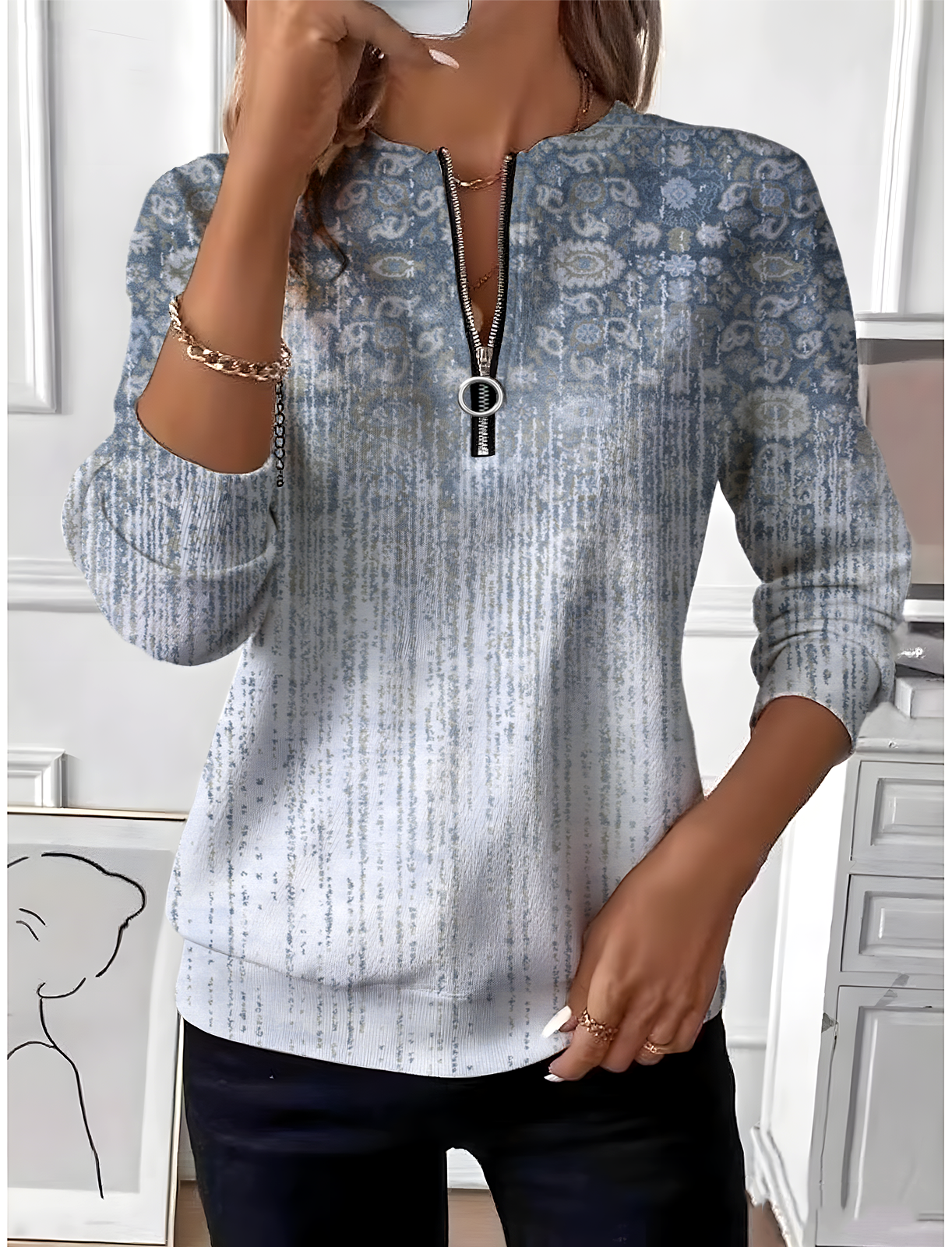 Damen Verlaufsmuster Rundhals Retro Frühling/Herbst Langarm Sweatshirt
