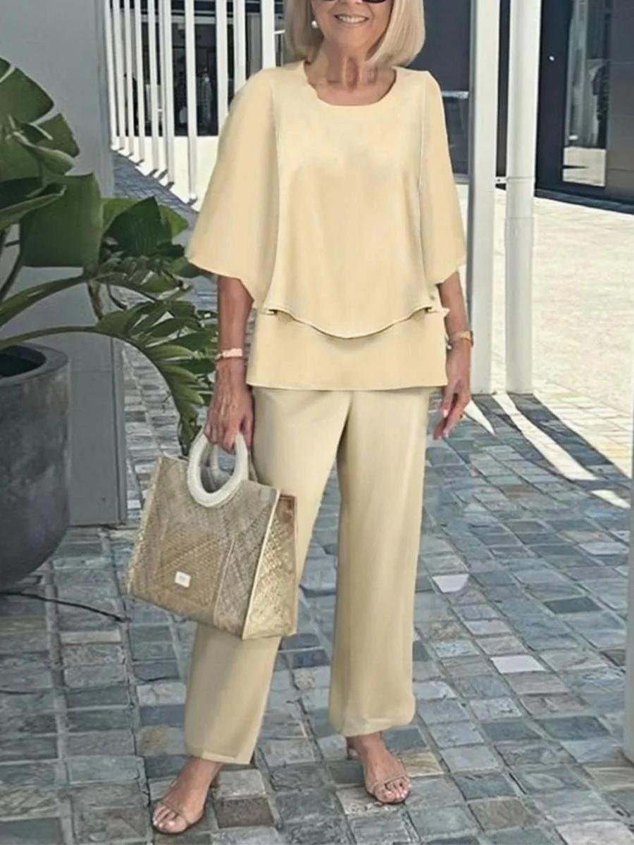 Damen Gestreift Bell-Ärmel Zweiteiliges Set Urlaub Dreiviertelärmel Retro Frühling/Herbst Bluse mit Hose Matching Set