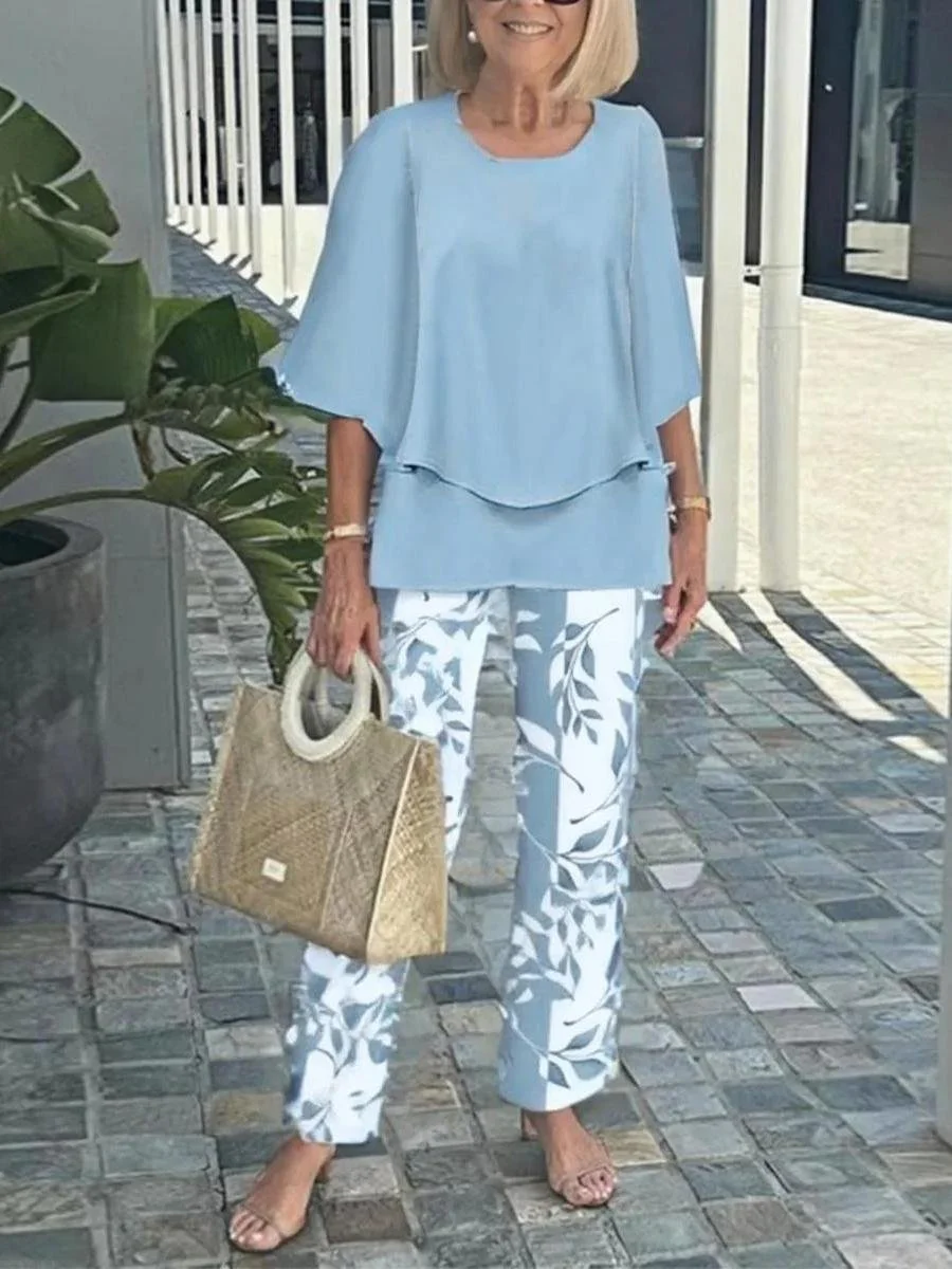 Damen Gestreift Bell-Ärmel Zweiteiliges Set Urlaub Dreiviertelärmel Retro Frühling/Herbst Bluse mit Hose Matching Set
