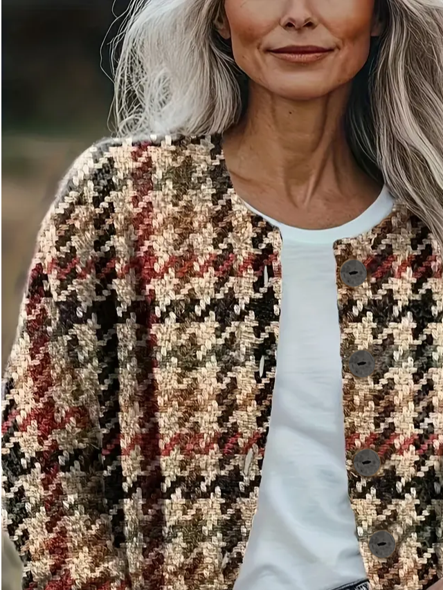 Damen Hahnentritt Print Langarm Rundhals Retro Frühling/Herbst Strickjacke Oberbekleidung
