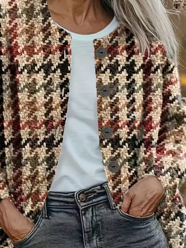Damen Hahnentritt Print Langarm Rundhals Retro Frühling/Herbst Strickjacke Oberbekleidung