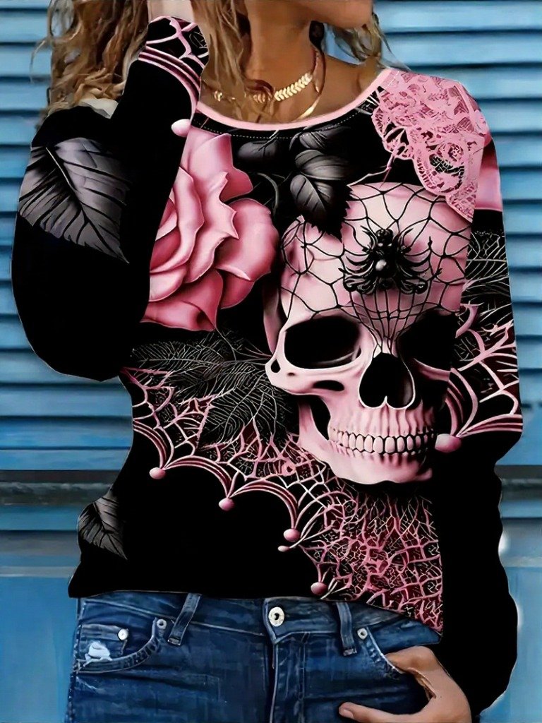 Damen Schädel Langarm T-Shirts T-Shirt Rundhals Print Lässig Frühling/Herbst T-Shirt mit Grafik Oberteile